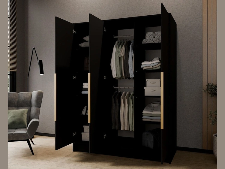 Kleiderschrank mit Spiegel 150 cm Lucca Schwarz mit goldenen Griffen