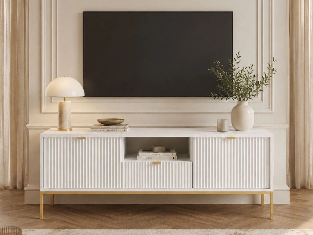 TV-Lowboard mit Schublade und Türen Amber Weiß, Gold Frame