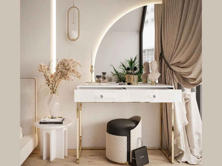 Kosmetiktisch linksseitig mit Schubladen und LED-Beleuchtung auf goldenen Beinen Clarette Weiß Hochglanz