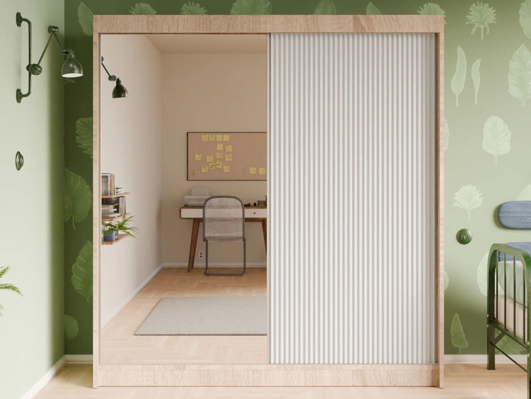 Schiebetürenschrank mit geriffelter Front und Spiegel 200 cm Fano Eiche Sonoma, Weiß