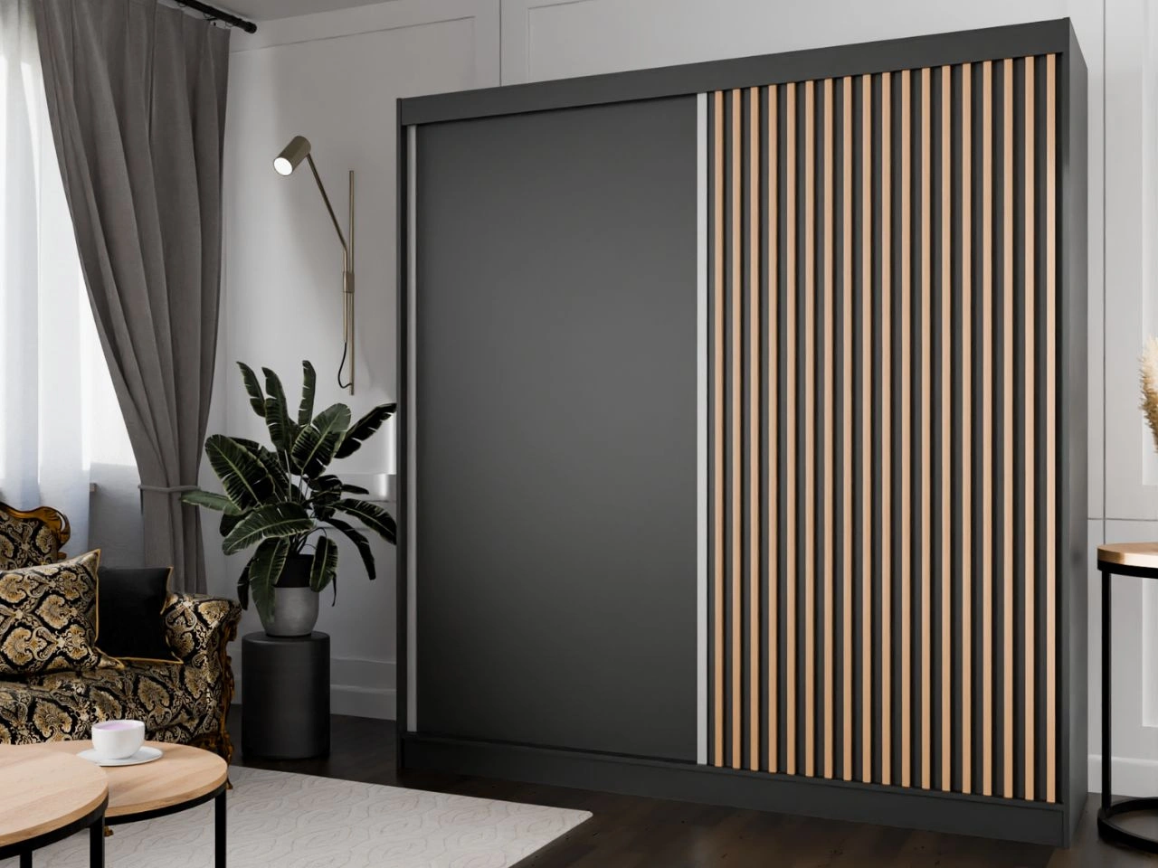 Schiebetürenschrank mit Lamellen 200 cm Loreto Schwarz