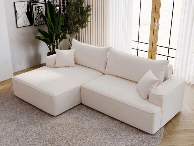 Ecksofa L-Form Links mit Schlaffunktion und Bettkasten California Creme