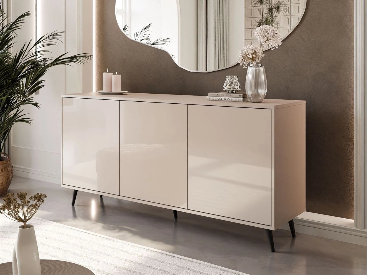 Dreitürige Kommode 154 cm Glamour-Stil auf schwarzfarbenen Metallbeinen Vivance Kaschmirglanz