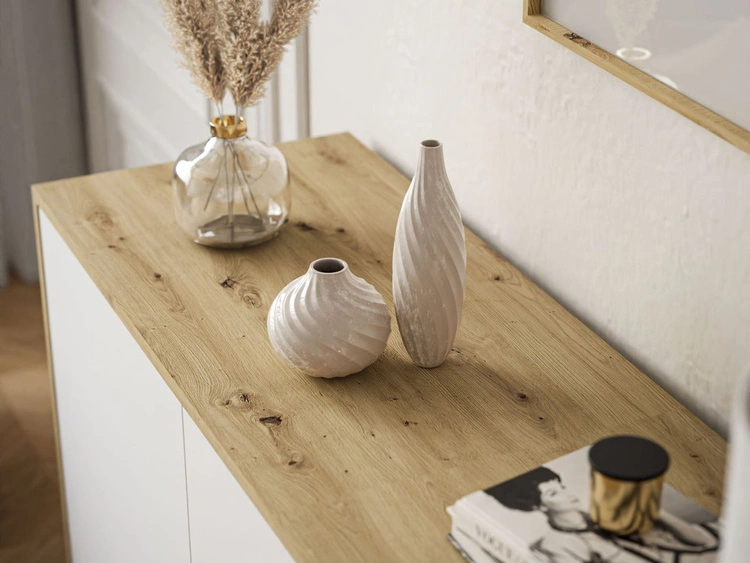 Dreitürige Kommode 154 cm im Loft-Stil auf schwarzem Gestell – Vivance, Weiß matt & Eiche Artisan