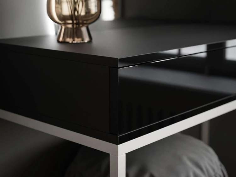 Kosmetiktisch linksseitig mit Schubladen und LED-Beleuchtung auf weißen Beinen Clarette Schwarz Hochglanz