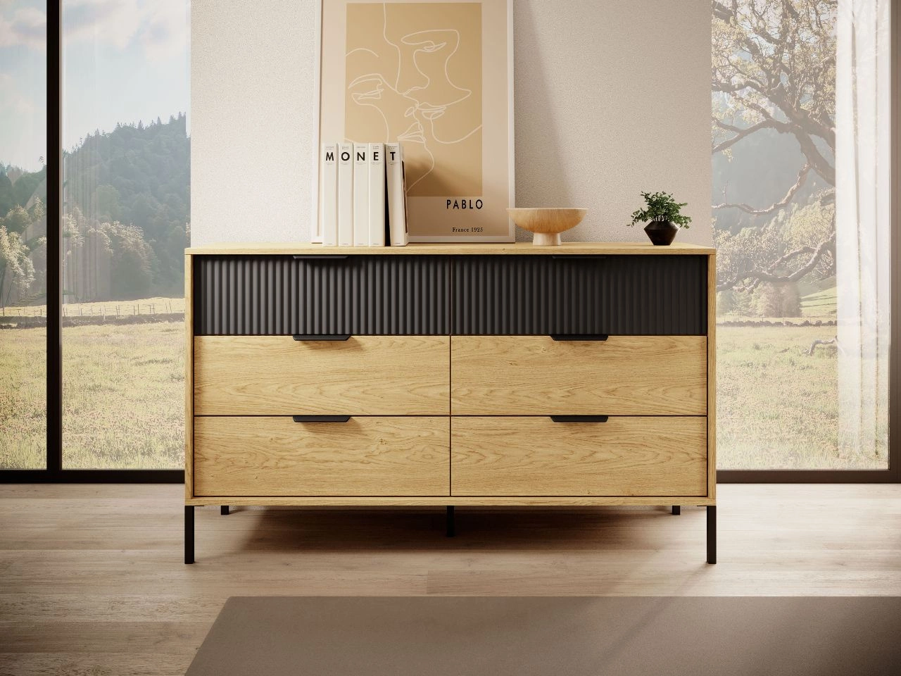 Kommode mit 6 Schubladen Bolzano Baltische Eiche, Schwarz