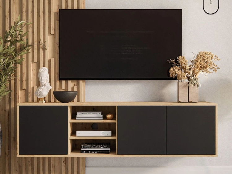 Hängendes TV-Lowboard mit Türen Vivance Schwarz und Eiche Artisan