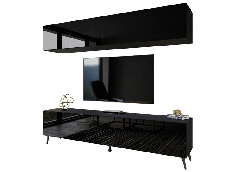 Wohnwand für das Wohnzimmer mit LED-Beleuchtung auf Schwarzen Metallbeinen Noaé Weiß Hochglanz