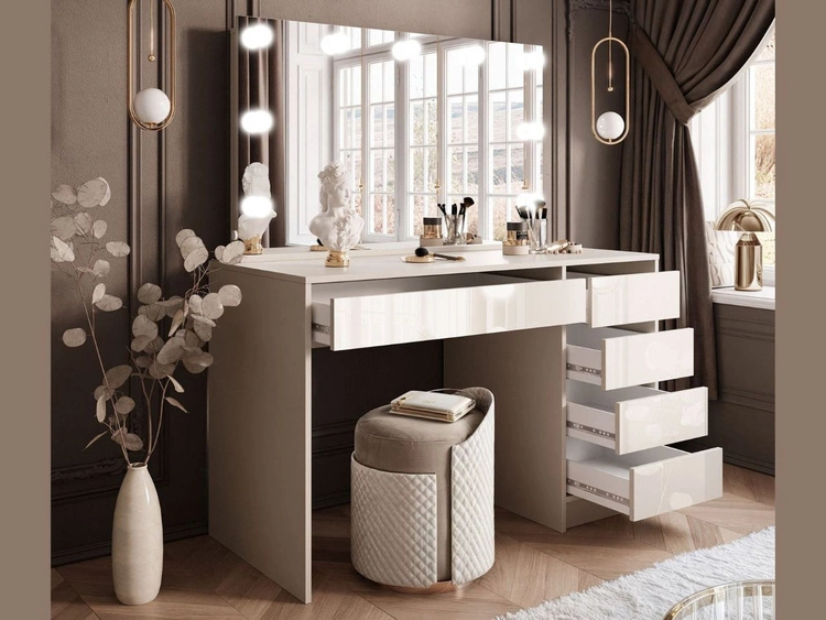 Schminktisch mit Spiegel, Schubladen und LED Melo Elite Kaschmir Hochglanz