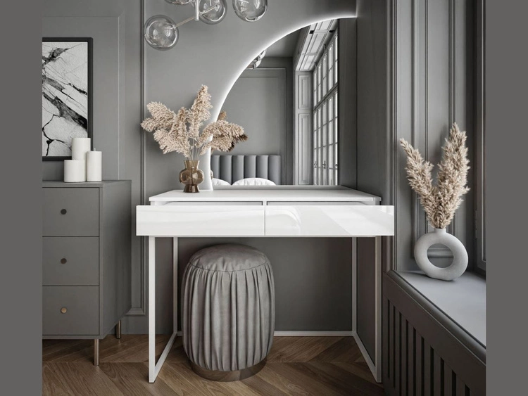 Kosmetiktisch linksseitig mit Schubladen und LED-Beleuchtung auf weißen Beinen Clarette Weiß Hochglanz