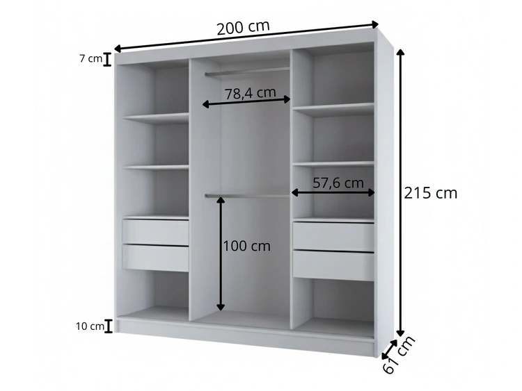 Schiebetürenschrank mit Lamellen und Spiegel 200 cm Lucena Eiche Sonoma, Schwarz