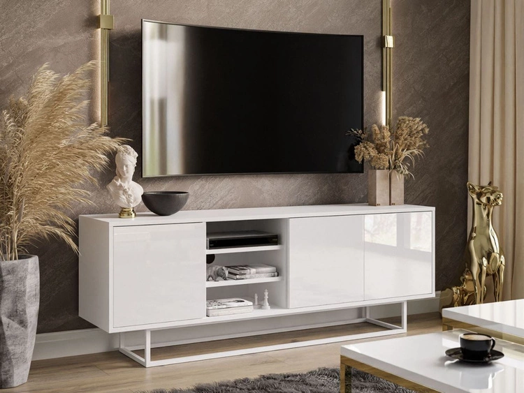 TV-Lowboard mit Türen auf weißem Gestell Vivance Hochglanz Weiß