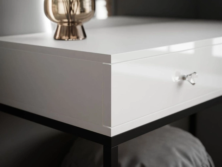 Kosmetiktisch linksseitig mit Schubladen und LED-Beleuchtung auf schwarzen Beinen Clarette Weiß Hochglanz