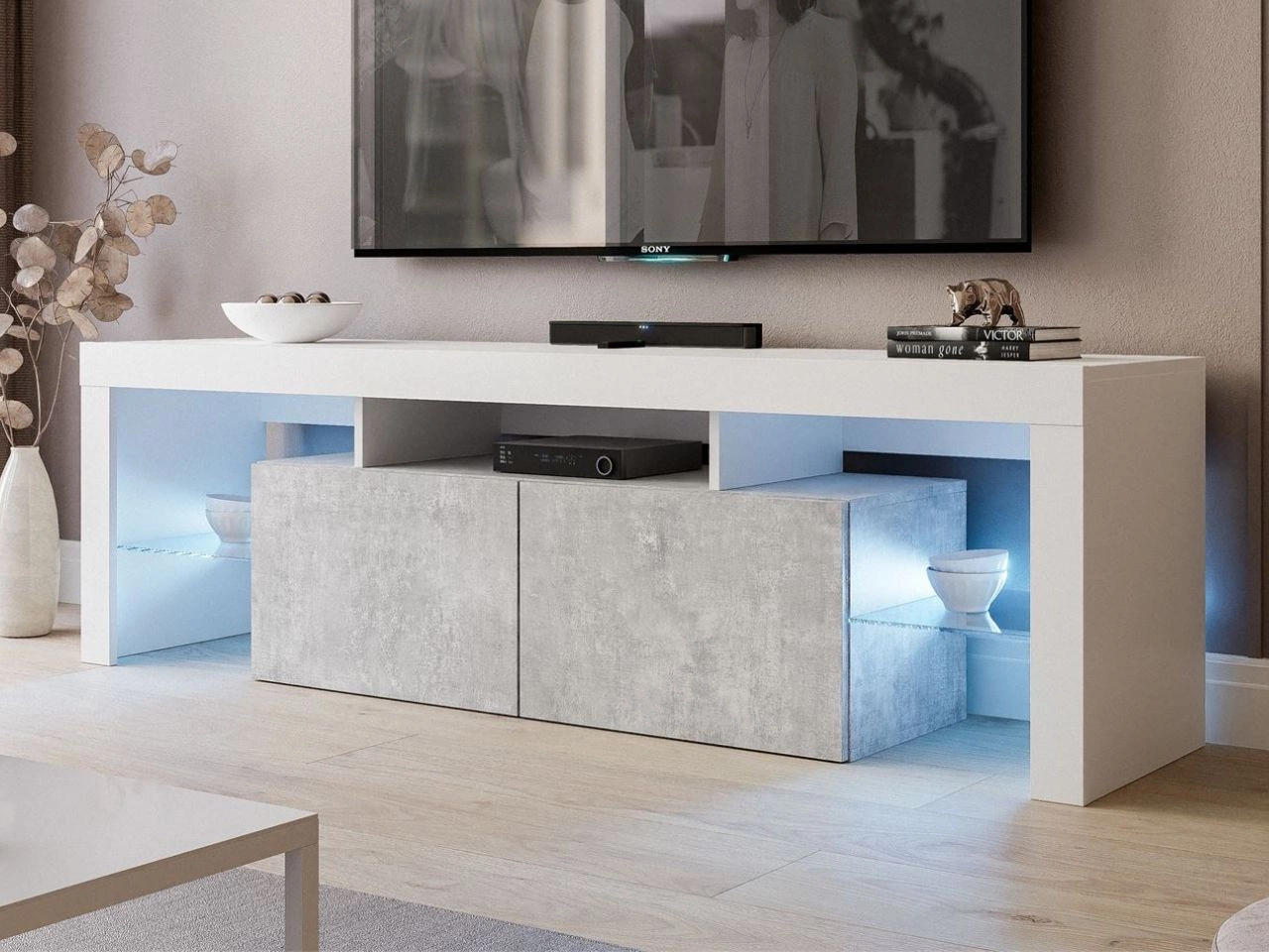 TV-Lowboard mit Türen und Aufsatz 150 cm Nodoo Weiß Hochglanz