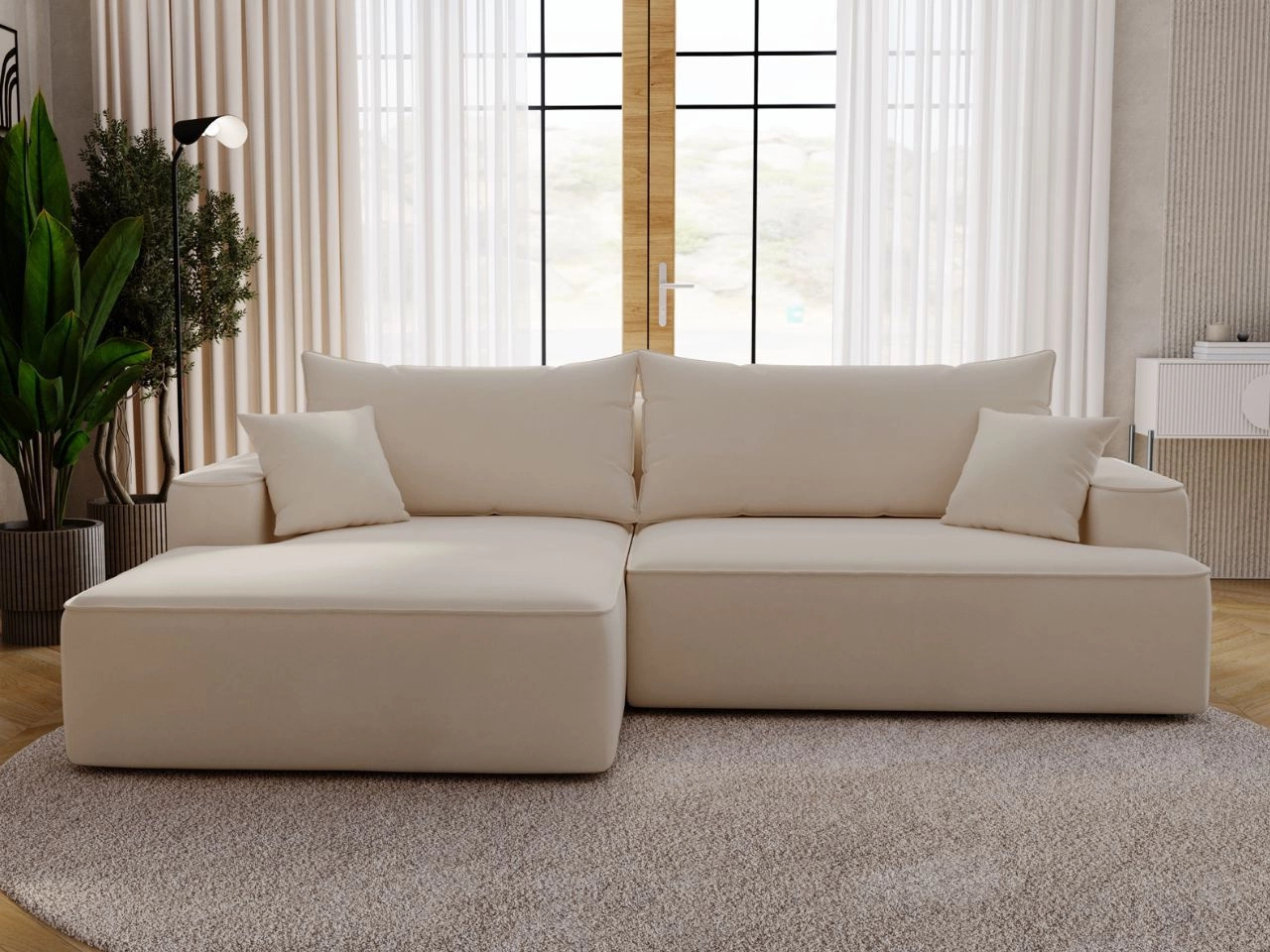 Ecksofa L-Form Links mit Schlaffunktion und Bettkasten California Beige