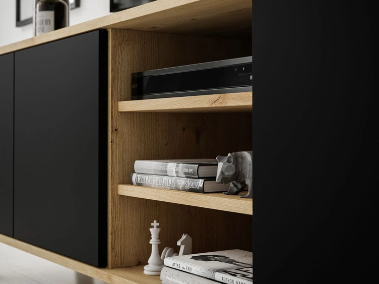 TV-Lowboard mit Türen und schwarzen Beinen Vivance Schwarz und Eiche Artisan