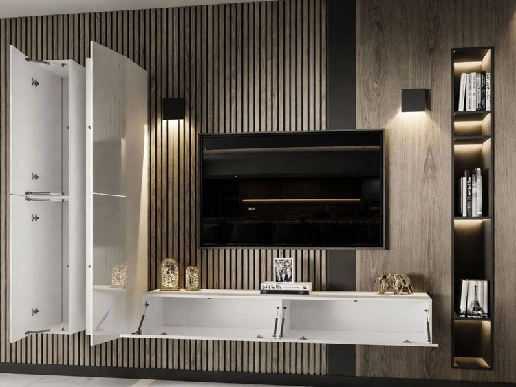 Hängende Wohnwand mit LED-Beleuchtung für das Wohnzimmer Sorelle Weiß Hochglanz