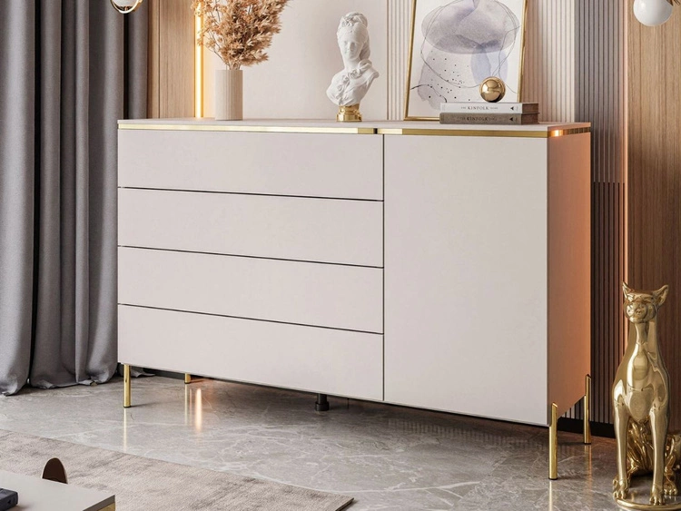 Glamour Kommode mit vier Schubladen auf goldenen Beinen Evare Kaschmir