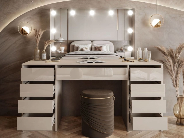 Breiter Schminktisch mit Spiegel, Schubladen und LED-Beleuchtung Melo Elite Kaschmir Hochglanz