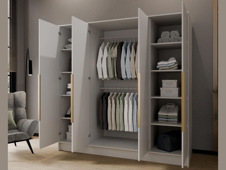 Kleiderschrank mit Spiegel 200 cm Lucca Weiß mit goldenen Griffen