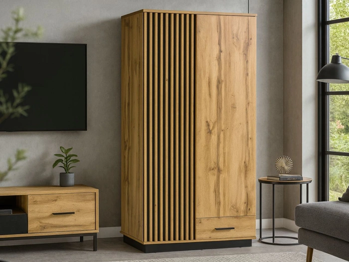 Kleiderschrank 90 cm mit Lamellen und Flügeltüren für das Wohnzimmer Lavore Wotan Eiche, Schwarz matt
