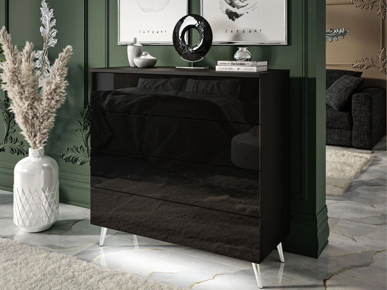 Kommode mit vier Schubladen und LED-Beleuchtung auf Silbernen Metallbeinen Nuveo Schwarz Hochglanz