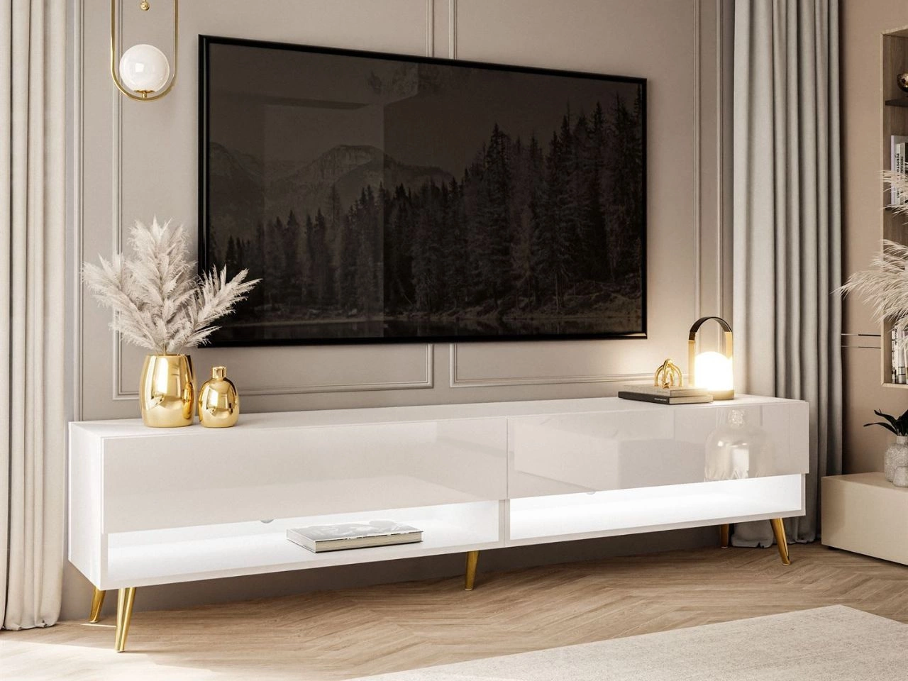 TV-Schrank für das Wohnzimmer 180 cm mit goldenen Beinen und LED-Beleuchtung Aurelie Weiß Hochglanz