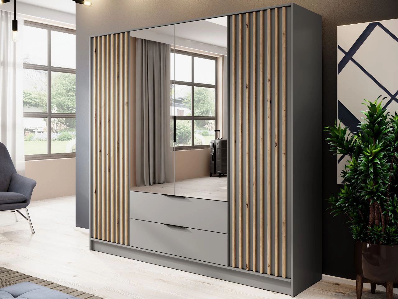 Kleiderschrank mit Spiegel 206 cm Macron Grau, Artisan Eiche