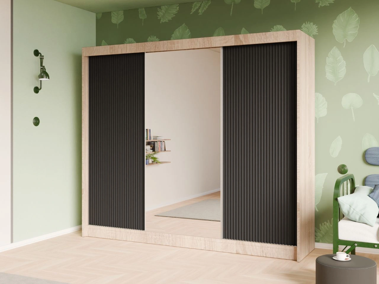 Schiebetürenschrank mit geriffelter Front und Spiegel 250 cm Fano Eiche Sonoma, Schwarz