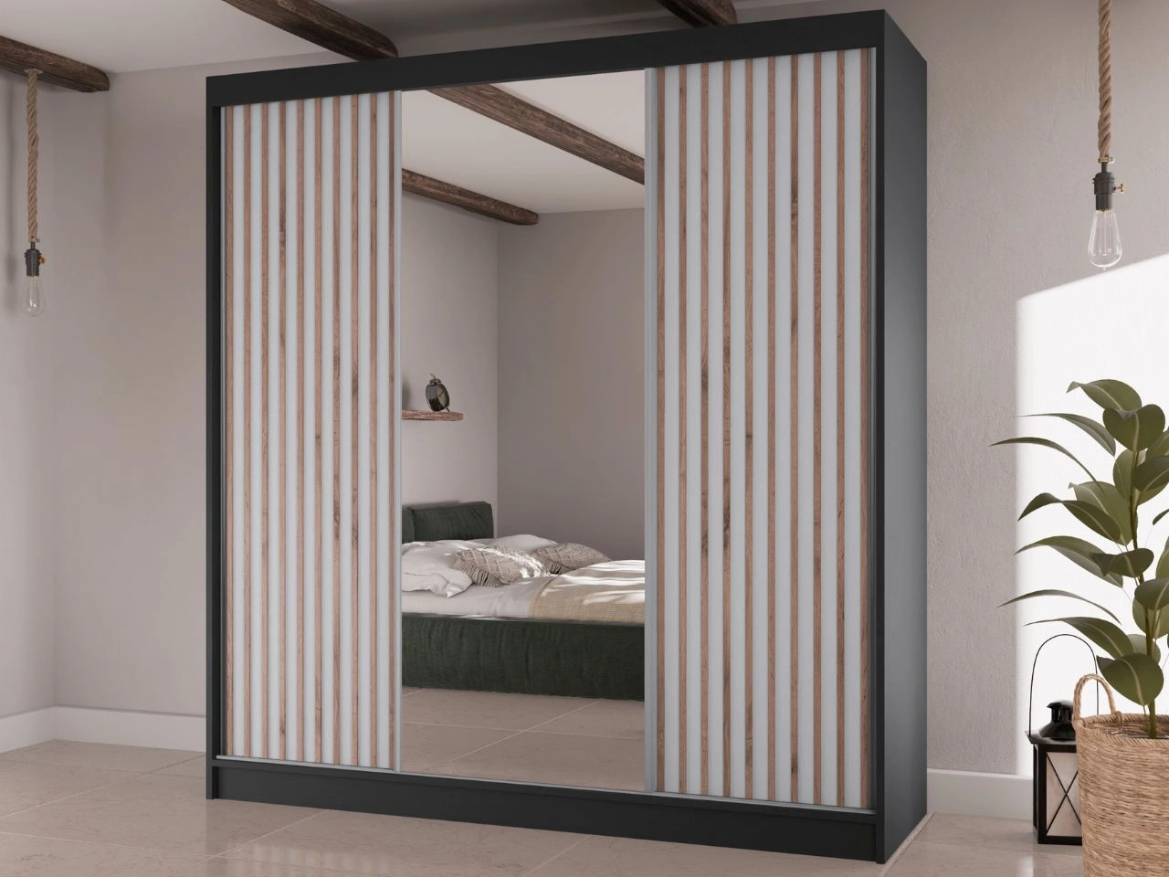 Schiebetürenschrank mit Lamellen und Spiegel 200 cm Lucena Schwarz, Weiß