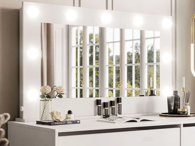 Schminktisch Glamour mit Spiegel, Schubladen und LED Melo Weiß Matt