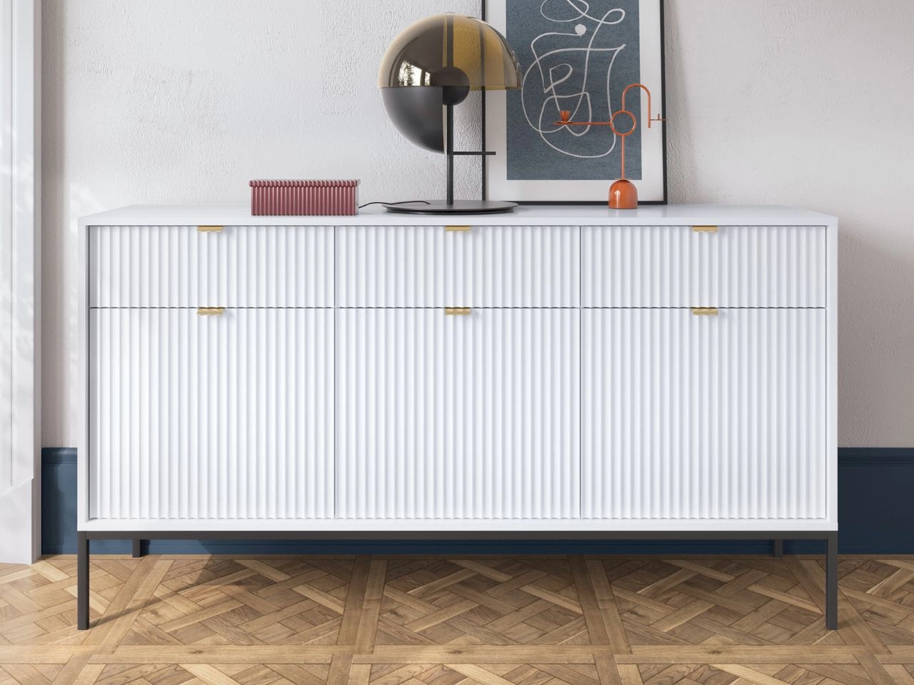 Kommode mit Türen und Schubladen Amber Weiß, Schwarz Frame