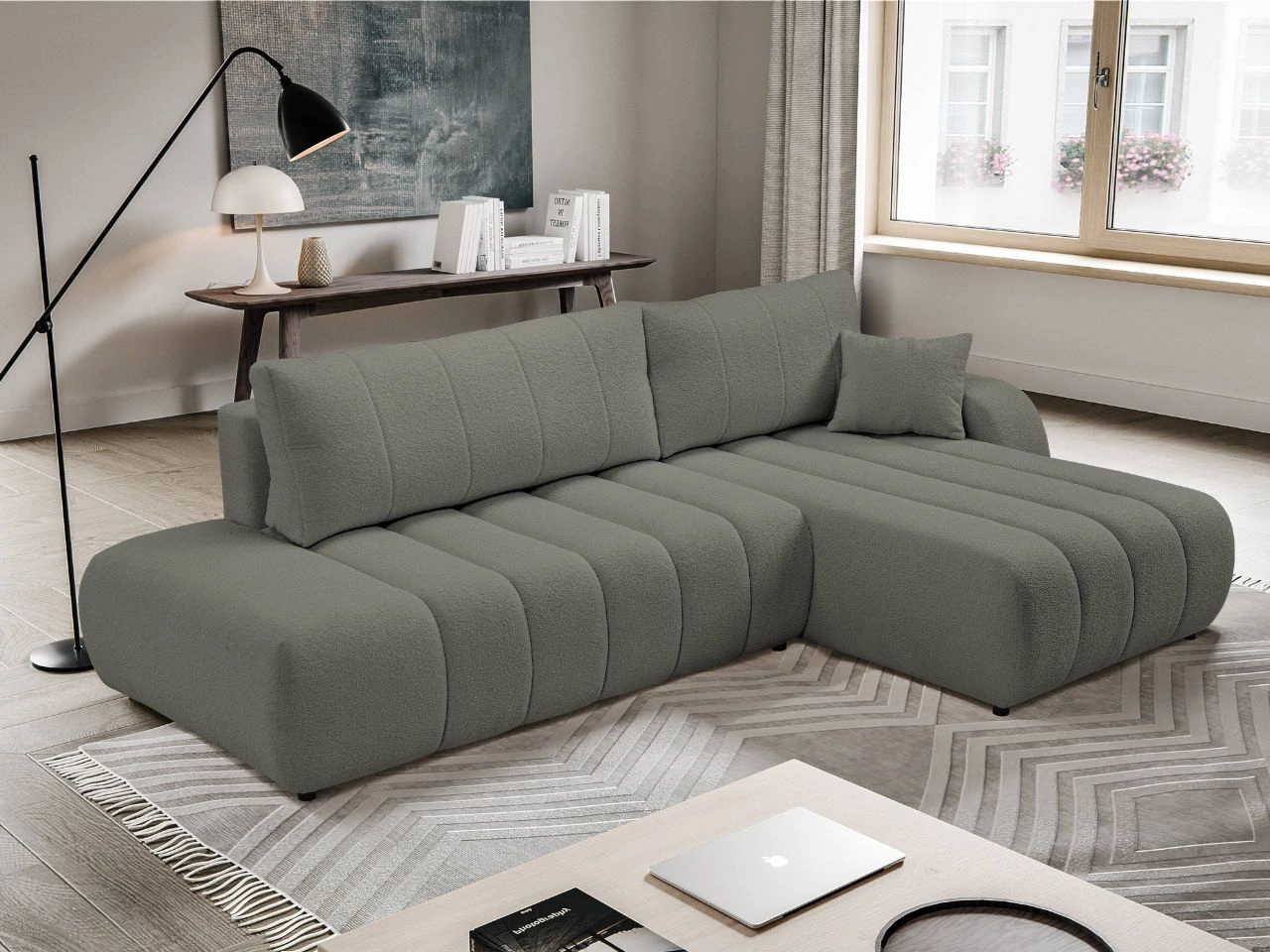 Ecksofa mit Schlaffunktion und Bettkasten Rechts Adoro Grau