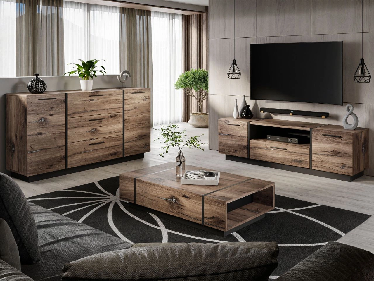 Wohnzimmer-Set im Loft-Stil Lunelie Eiche Flagstaff