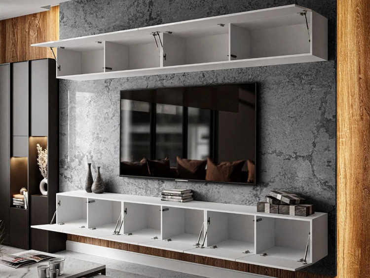 Hängende Wohnwand für das Wohnzimmer mit LED-Beleuchtung Nodoo Weiß Hochglanz