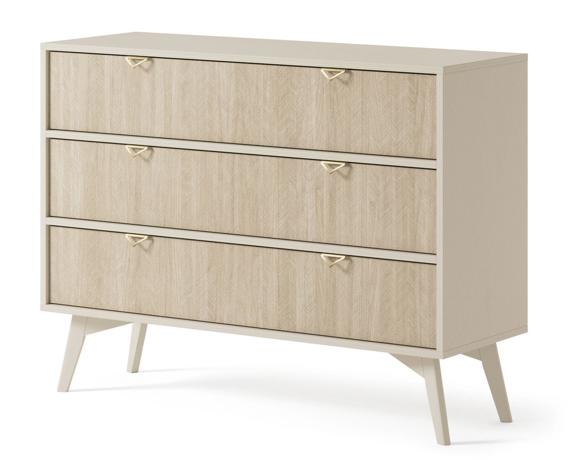 Kommode mit drei Schubladen Modena 106 cm Beige/scandi Fischgrät mit goldenen Griffen