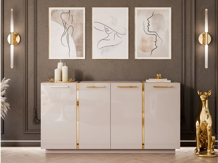 Viertürige Kommode 158 cm Glamour-Stil mit goldenen Griffen Lunelie Kaschmirglanz