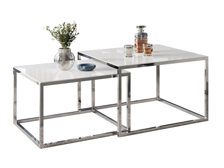 Couchtisch auf verchromtem Gestell mit Glasplatte Asumi Weiß 39x45