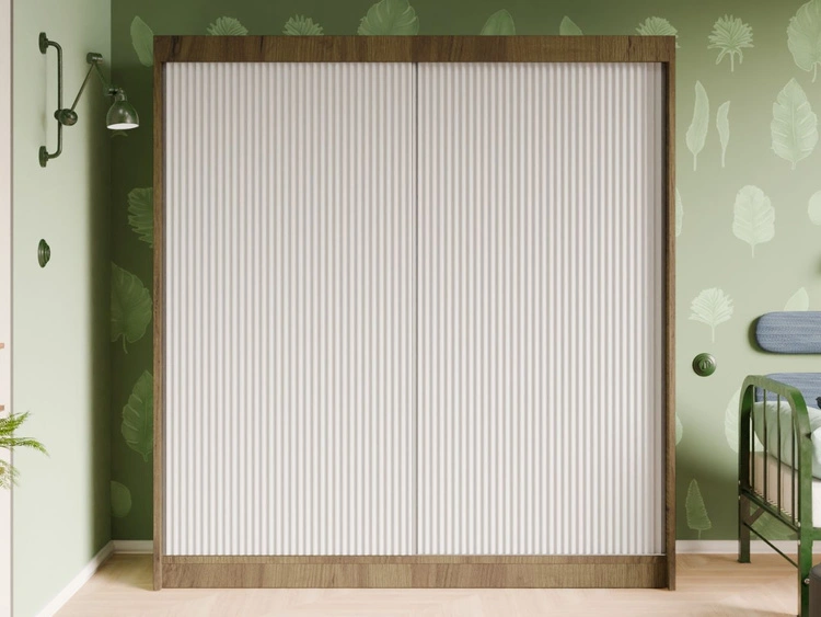 Schiebetürenschrank mit geriffelter Front 200 cm Fano Handwerk Goldene Eiche, Weiß