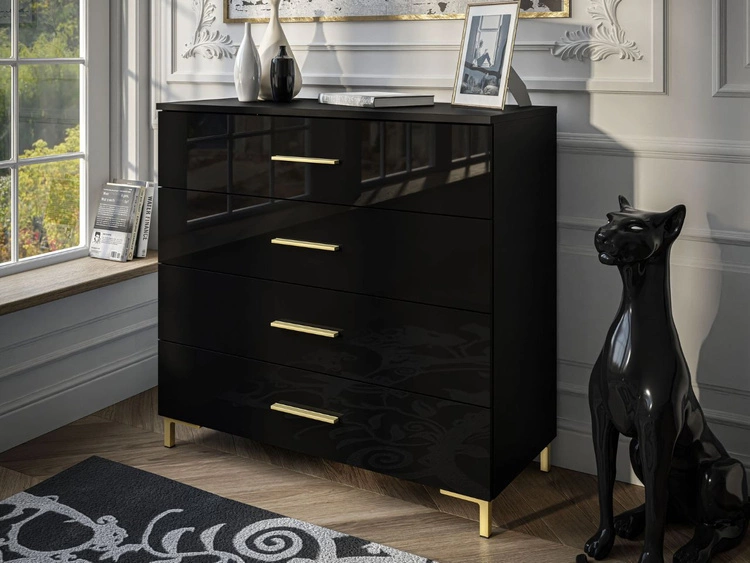 Kommode mit vier Schubladen und LED-Beleuchtung auf Goldenen Beinen Nuveo Schwarz Hochglanz