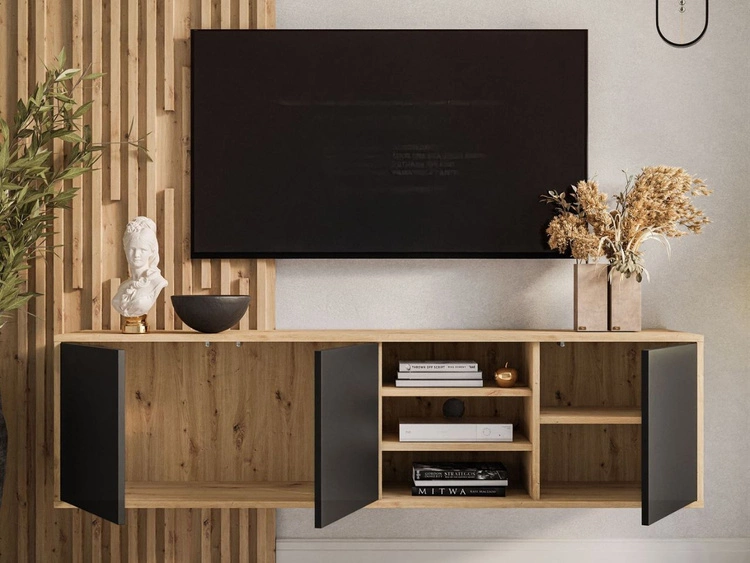 Hängendes TV-Lowboard mit Türen Vivance Schwarz und Eiche Artisan