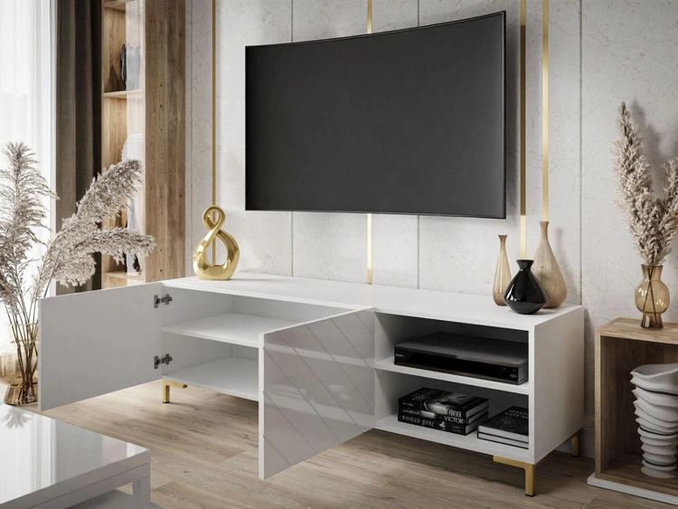 TV-Schrank im Glamour-Stil mit gefrästen Fronten und goldenen Beinen Vionel Weiß glänzend
