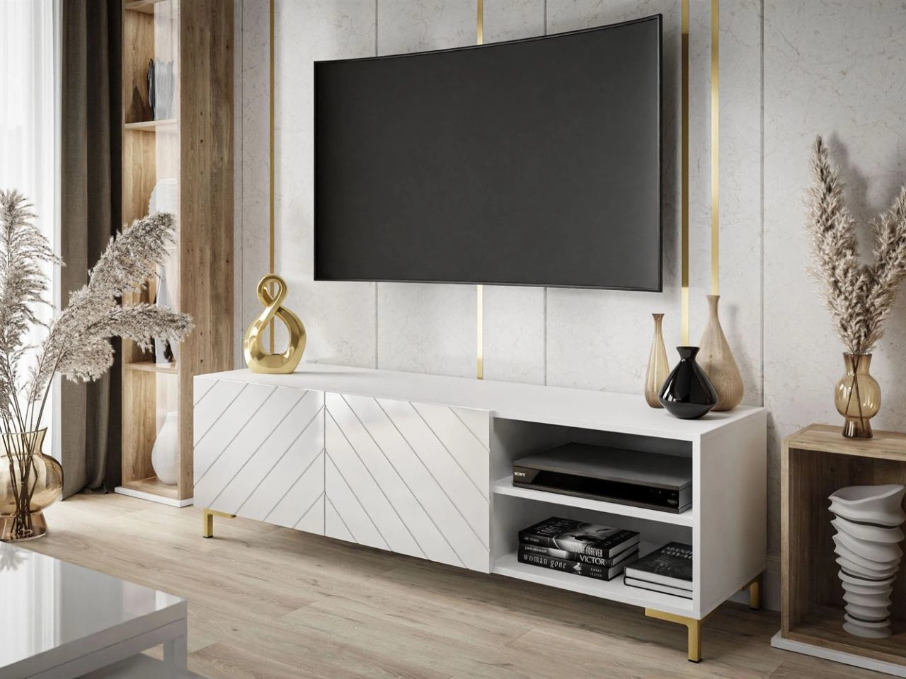 TV-Schrank im Glamour-Stil mit gefrästen Fronten und goldenen Beinen Vionel Weiß glänzend