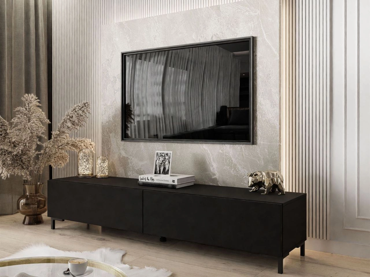 TV-Lowboard auf schwarzen Beinen 175 cm mit LED-Beleuchtung Sorelle Schwarz Matt