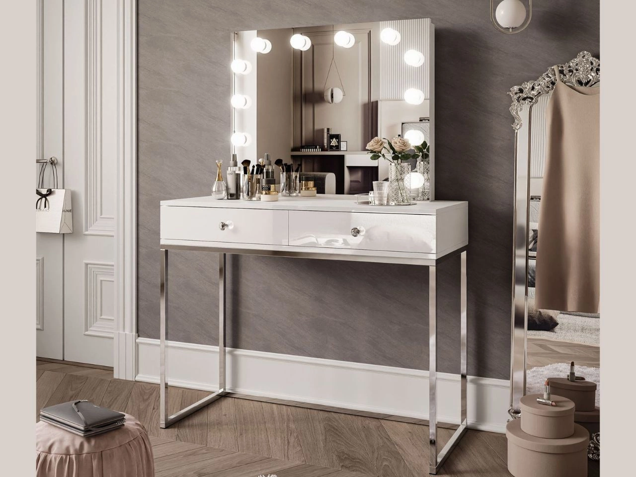 Schminktisch  Glamour mit Schubladen, Spiegel und LED-Beleuchtung Brisa Weiß Hochglanz