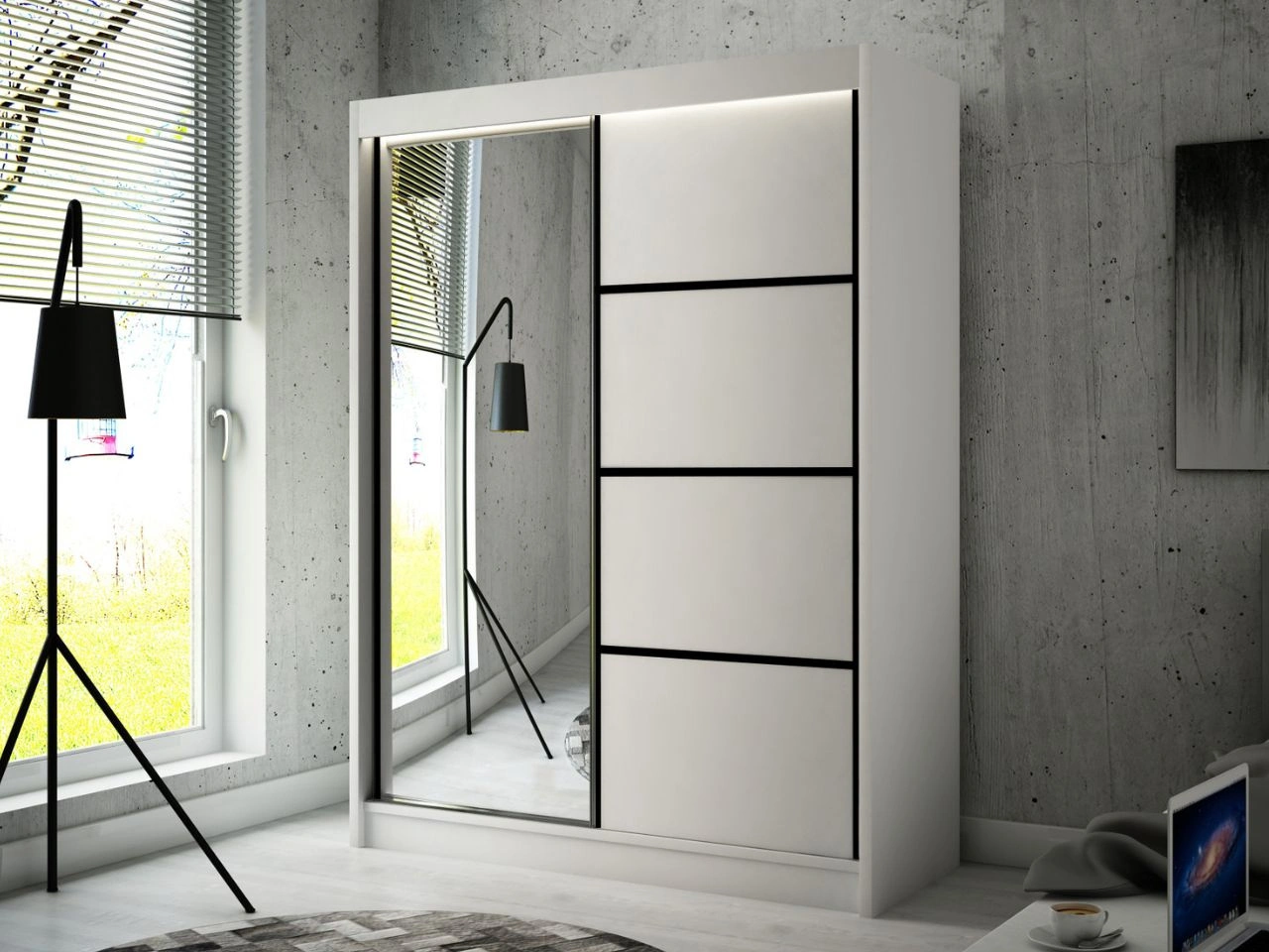 Schiebetürenschrank mit Spiegel 150 cm mit LED-Beleuchtung Portel Weiß