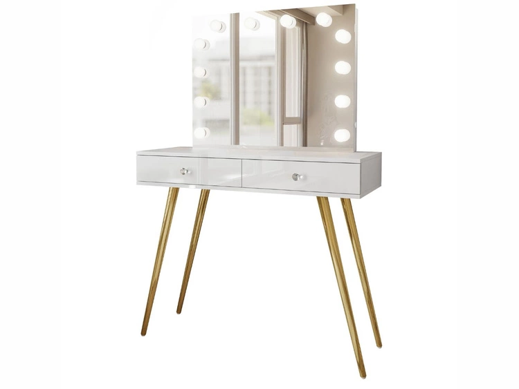 Schminktisch im Glamour-Stil mit Schubladen, Kristallgriffen und LED-Beleuchtung Olivine Elite Weiß Hochglanz