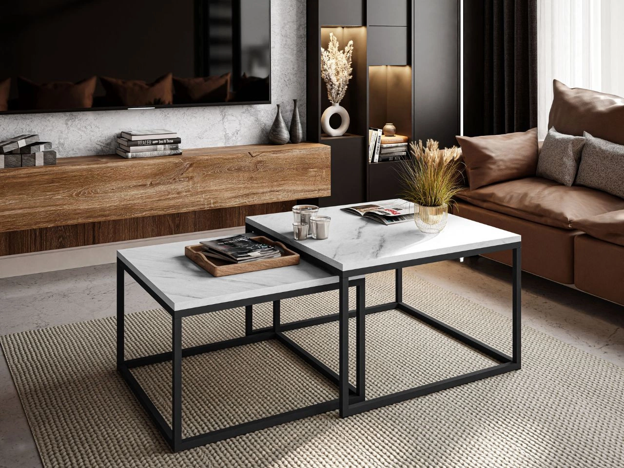 Couchtisch auf schwarzem Metallrahmen mit weißer Marmorimitat Asumi 40x46
