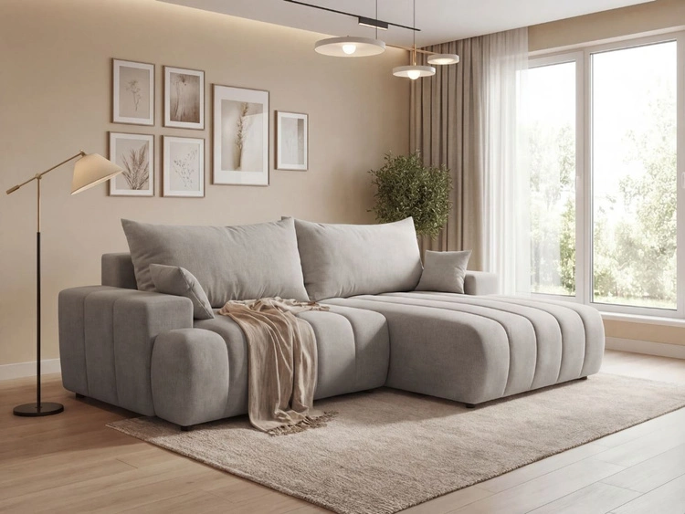 Ecksofa L-Form Rechts mit Schlaffunktion und Bettkasten Caleo Hellgrau