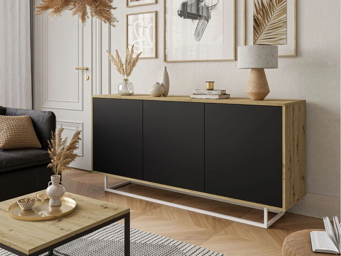 Dreitürige Kommode 154 cm im Loft-Stil auf weißem Gestell – Vivance, Schwarz matt & Eiche Artisan